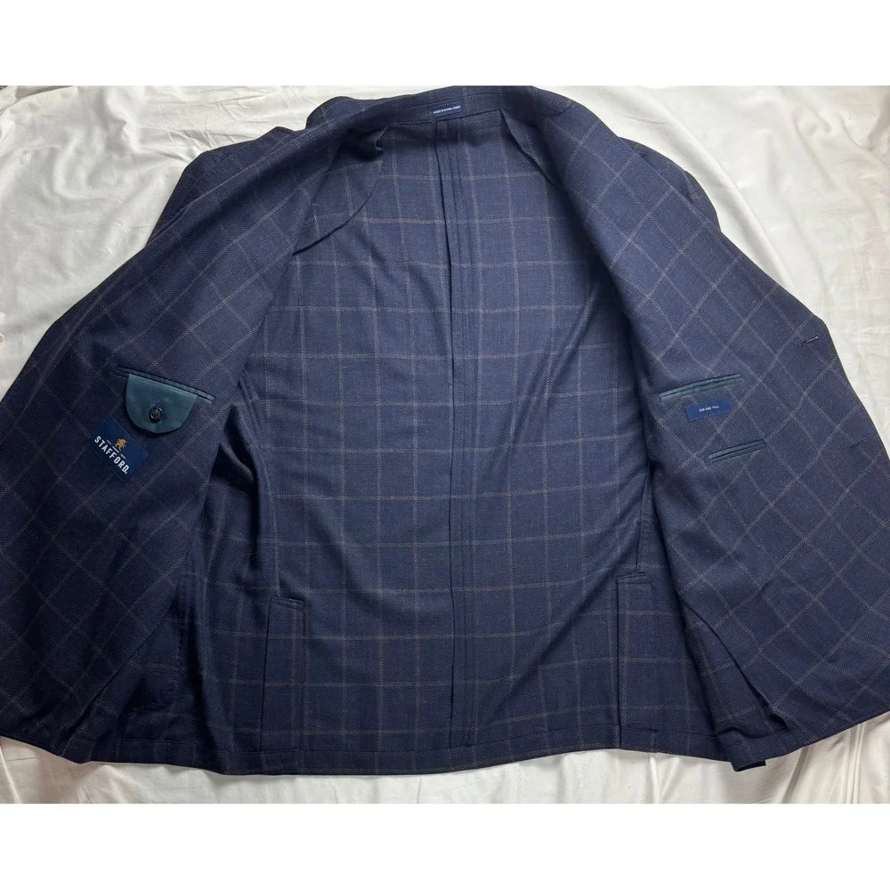 Stafford Big & Tall Navy Windowpane Wool Blend Sport Coat Blazer 60L New
